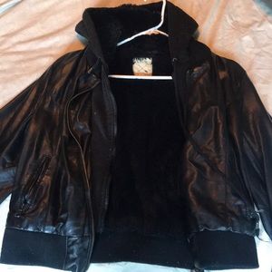 Leather jacket, faux fur lining and cotton hood